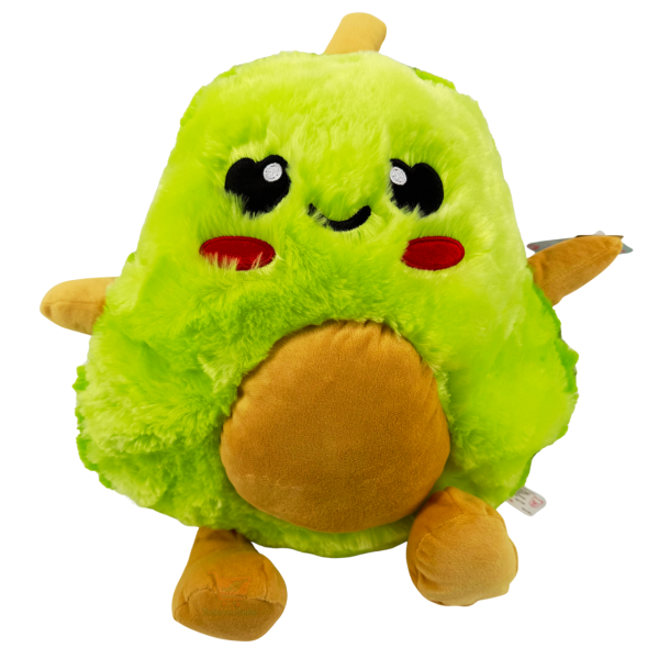 Avocado Plüschtier ca. 38 cm mit funkelnden Herzaugen – flauschige grüne Plüsch-Avocado mit braunem Kern, sitzend als Deko oder Kuscheltier.